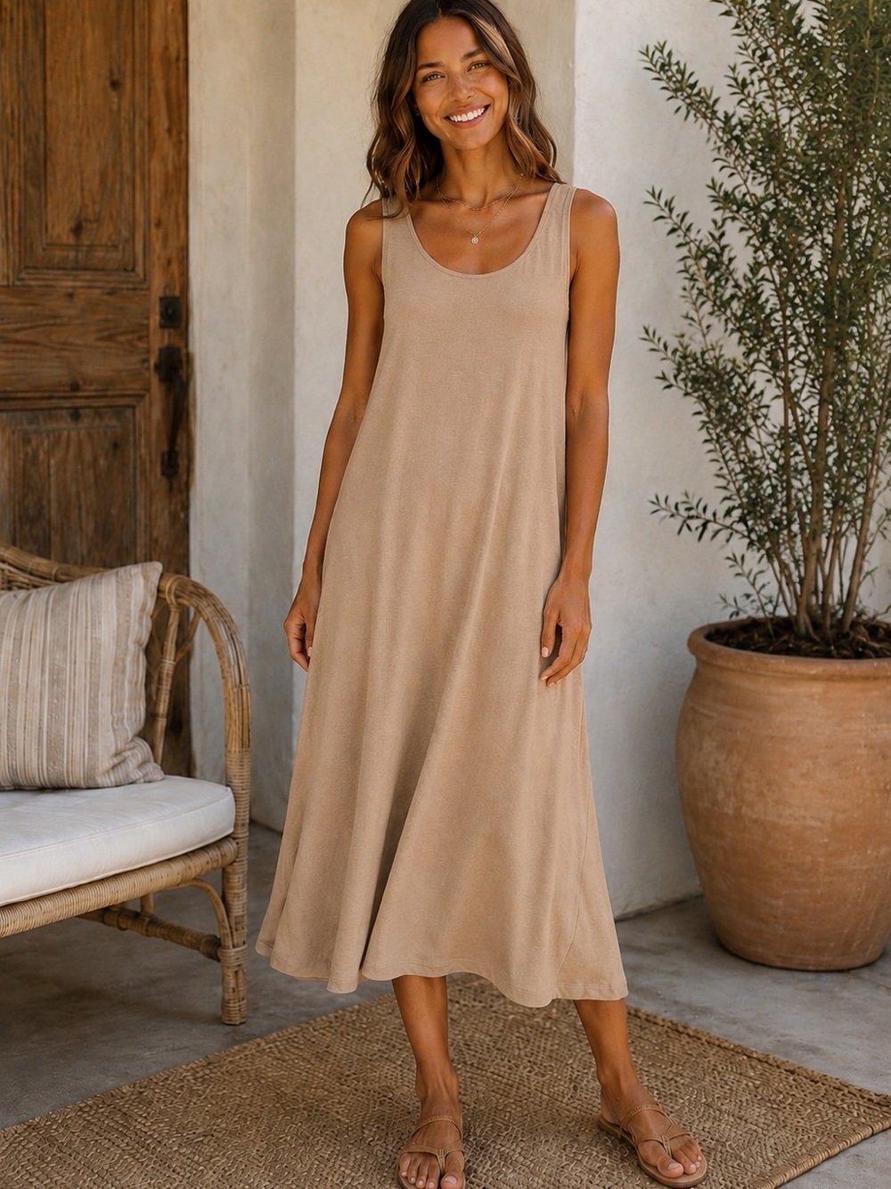 NEW Zenana Twisted Strap Ash Mocha/Beige Sleeveless Midi/Maxi Dress Flowy Casua